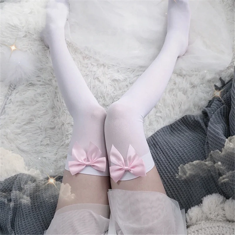 Thigh High Sock Stay Up - Sexy Damen-Strumpfwaren, rosa Schleife, Oberschenkelhohe Seidenstrümpfe,