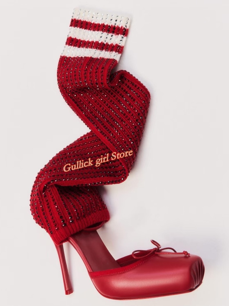 Knee High Sock Women - Rote Strick-Stiefeletten mit eckiger Zehenpartie, Cut-Out-Stilettos,