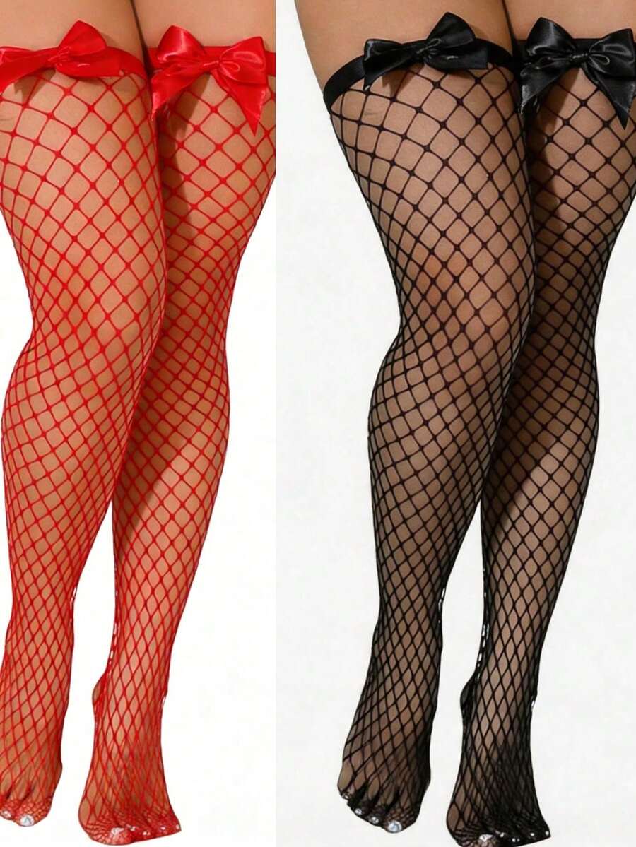 Knee High Sock Women - Netzstrümpfe mit Schleifendekor, elastische, ausgehöhlte Netzstrümpfe